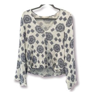 ALTAR’D STATE Boho Top Blue & White Medallion Print Faux Wrap Blouson Medium